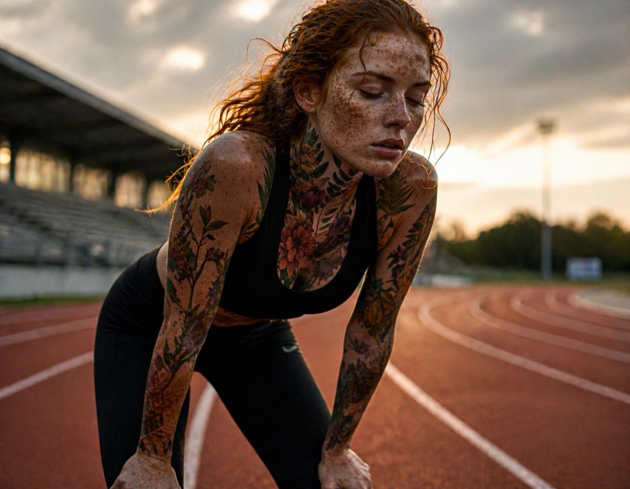 Tired woman athlete with tattoos on a running track.