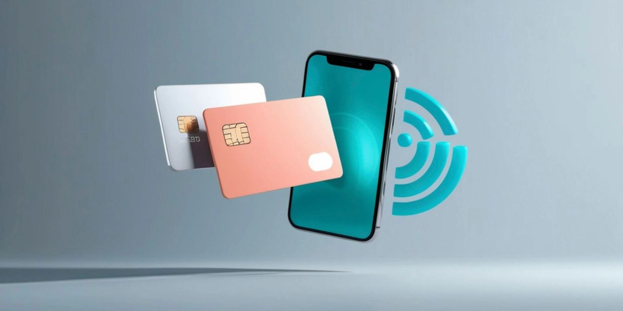 Smartphone with credit cards and wireless signal symbol representing contactless payment.