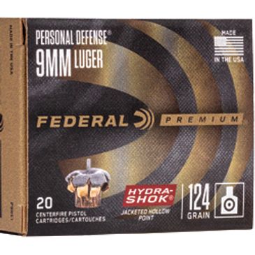 Box of Federal Premium 9mm Luger Hydra-Shok ammunition.
