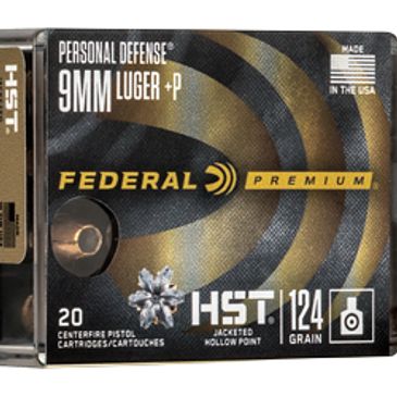 Box of Federal Premium 9mm Luger +P personal defense ammunition.