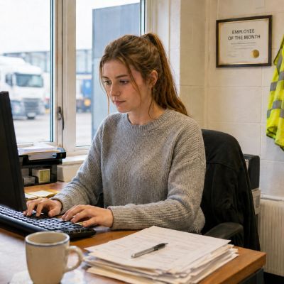 Woman working at a desk with papers and computer.