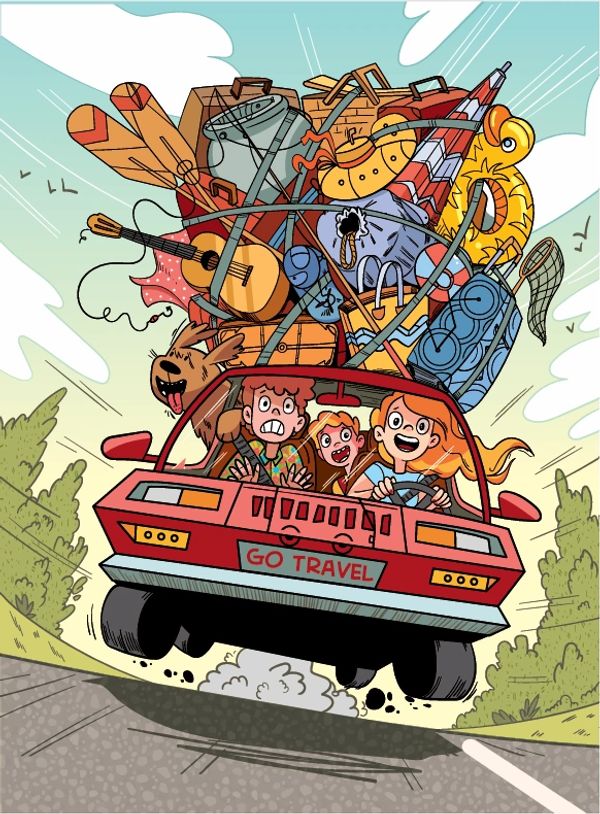 Go Travel. Family road trip with overloaded car and hidden images