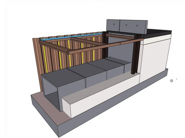 3D model of a structural foundation with beams and concrete blocks.