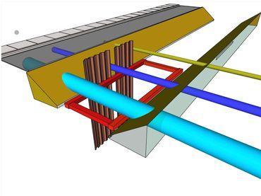 3D model showing underground utility pipes and conduits with structural supports.