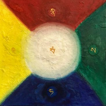The mandala of the 5 Wisdom Dakinis. Paper, cold wax, casein and gold paint on wood panel. 12" X 12"