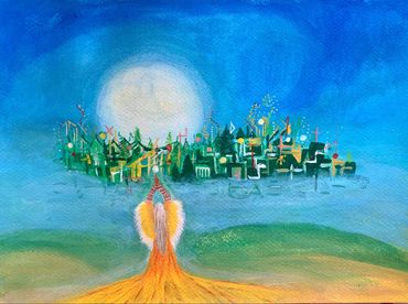 Woman in cloak of feathers with full moon