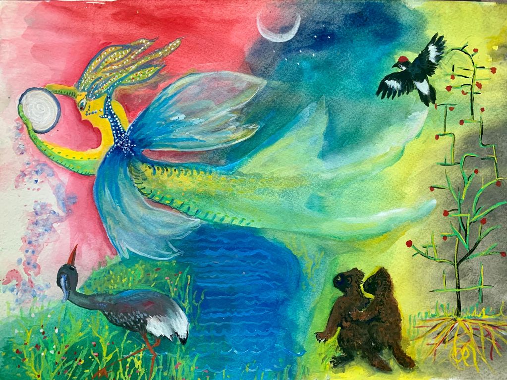 Flying figure and woodpecker