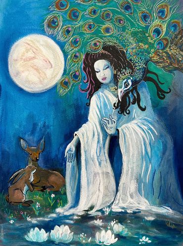 Woman in white with peacock, rabbit and deer
