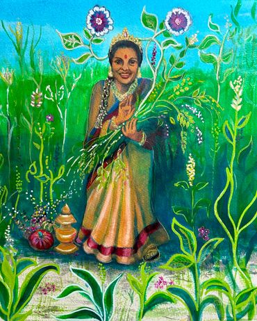 Woman holding bounty of plants