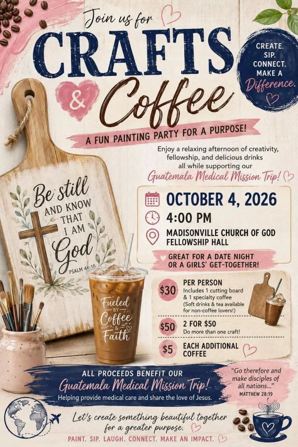 Invitation for Crafts & Coffee painting party on October 4, 2026.