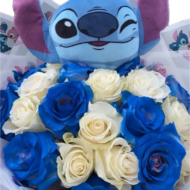 Bouquet of blue and white roses with a winking Stitch plush toy.