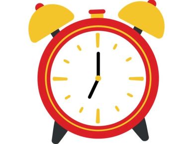 Red and yellow alarm clock showing 7:00.