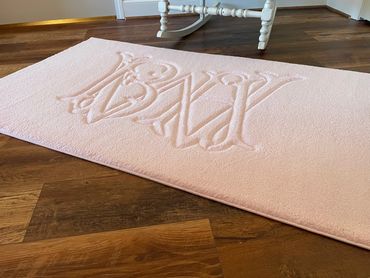 Premium carpet, engraved bespoke monogram, poly binding, non-slip backing
