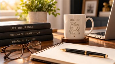 Desk with insurance books, mug, glasses, and notebook.
