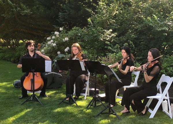 String quartet performing live music for an outdoor wedding ceremony, cocktail hour reception.  Live