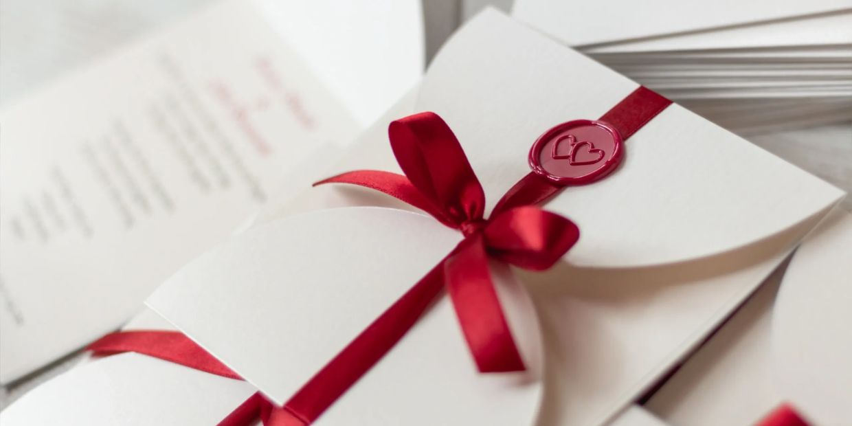Elegant white invitation with red ribbon and wax seal featuring hearts.