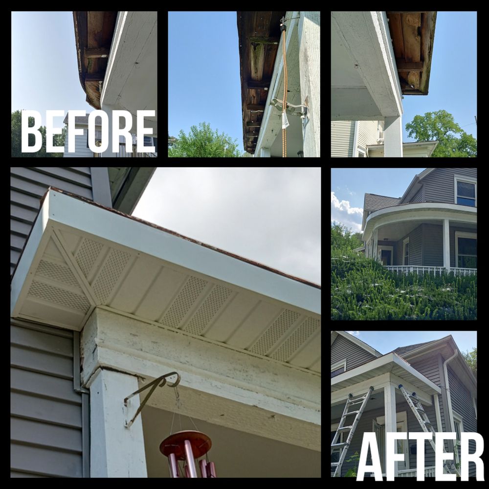 Before and after photos of porch soffit repair and painting on a house.