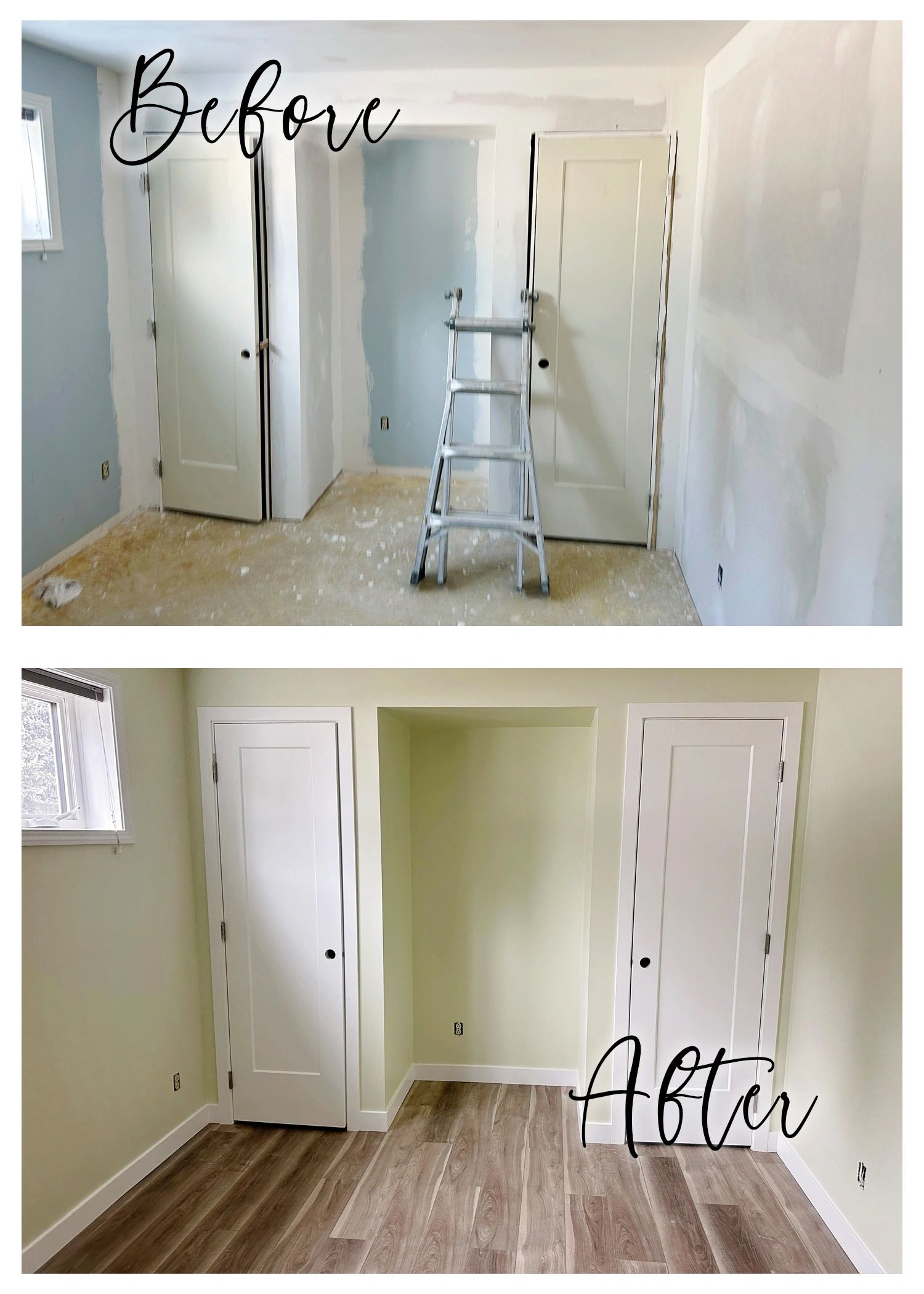 Room renovation showing before and after with new flooring and fresh paint.