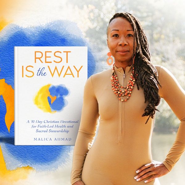 Author Malica Ahmad stands beside her book "Rest is the Way."