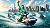 Jetski next to the Statue of Liberty on an NYC Landmark Tour from Jersey Jet Ski next to Manhattan