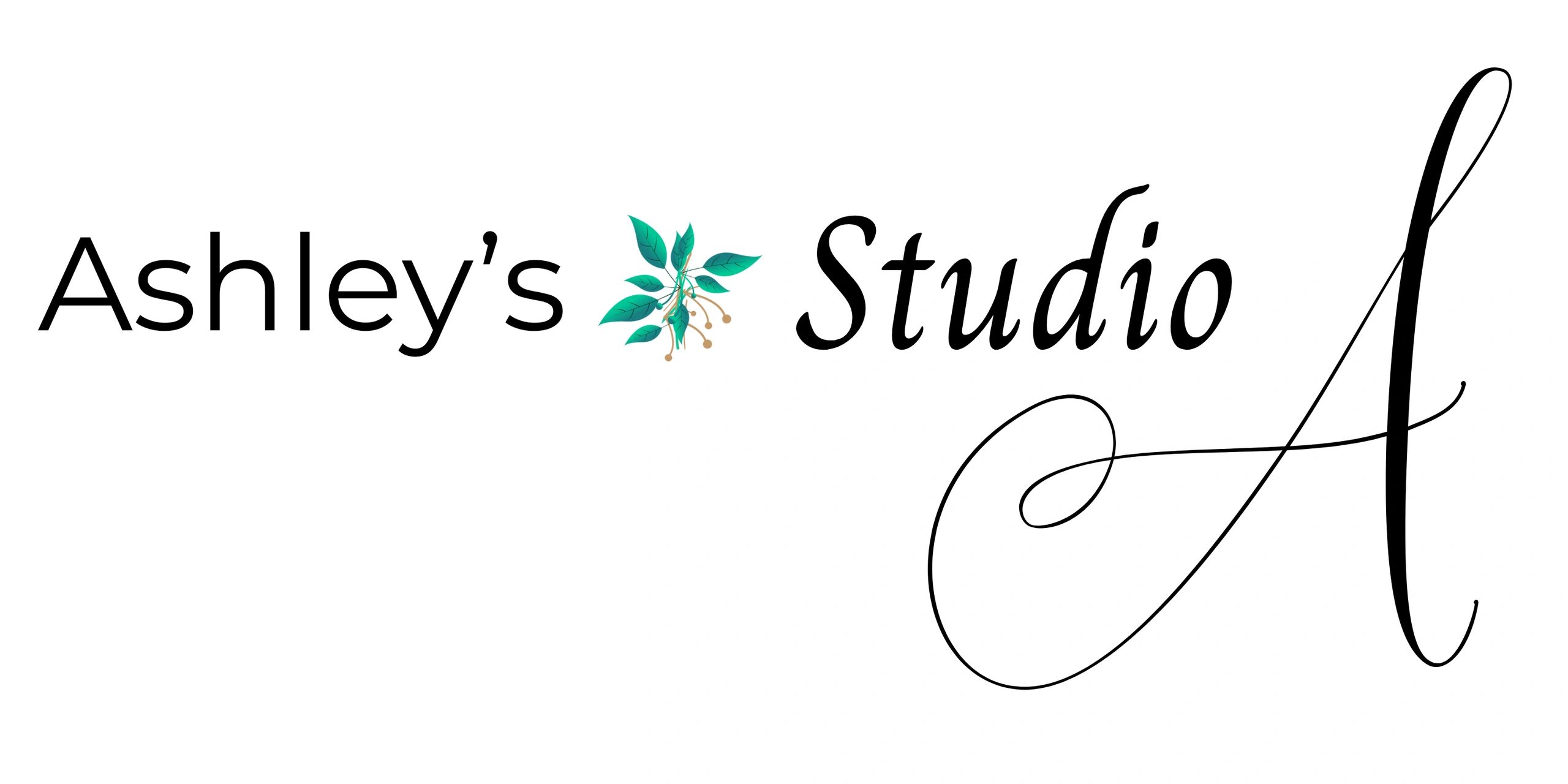 Elegant logo of Ashley's Studio with a floral element and a large decorative letter A.