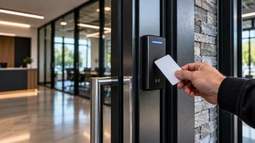 Electronic access control system with card reader for secure commercial building entry.