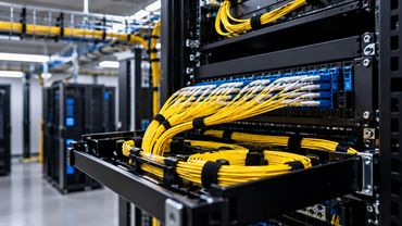 Fiber optic cabling and network infrastructure installed in a commercial equipment rack.