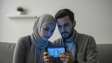 A focused couple looks at a tablet screen in a dimly lit room.