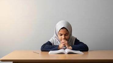 Young girl in a hijab reading a book thoughtfully at a desk.