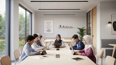Group of young students using tablets and laptops around a large table in a bright, modern classroom.