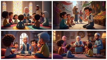 Children learning and listening in a warm, animated Middle Eastern setting.