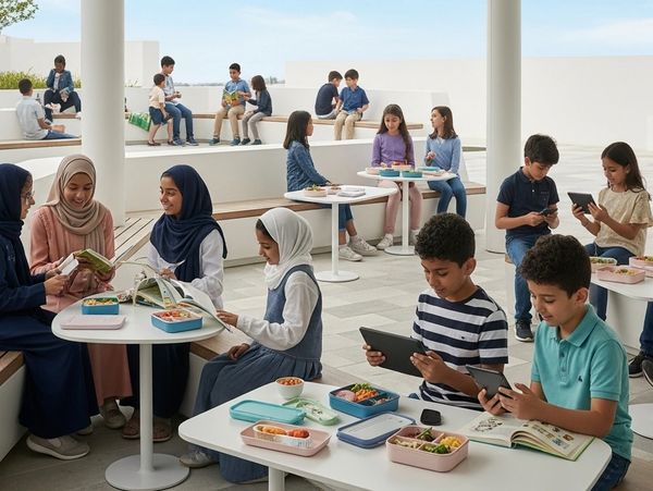 Children reading and using tablets in a modern outdoor learning space.