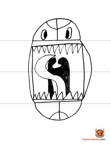 A monster with sharp teeth and two figures inside its mouth.