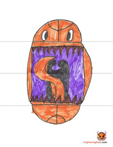 A basketball-themed monster with sharp teeth and a purple mouth.