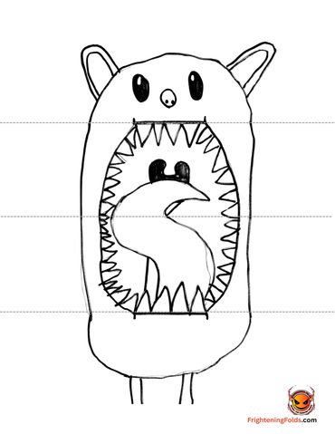 Black and white drawing of a creature with ears and a large mouth filled with sharp teeth.