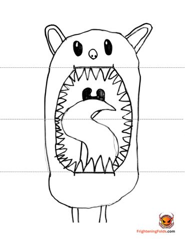 Black and white drawing of a creature with ears and a large mouth filled with sharp teeth.