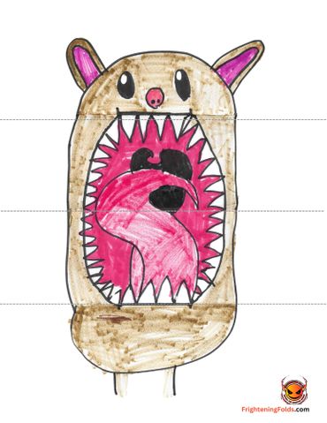 A colorful, whimsical monster with a big pink mouth and sharp teeth.