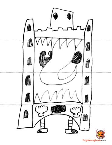 A childlike drawing of a castle with eyes, a mouth, and legs, giving it a monster-like appearance.