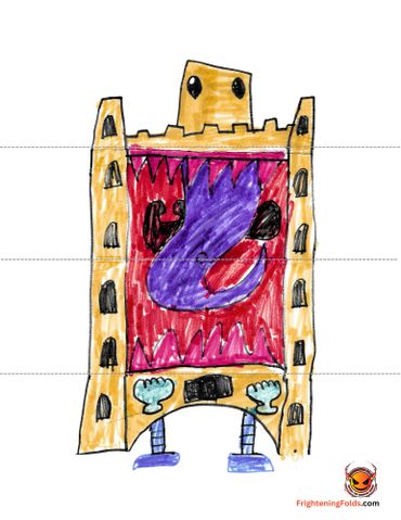 Colorful, imaginative castle drawing with a purple dragon and blue feet.