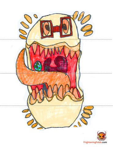 Colorful monster with big teeth, glasses, and a long tongue holding a small Earth.