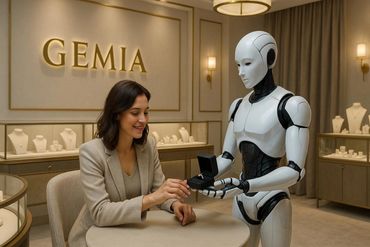 Robot presenting a ring to a woman in a jewelry store.