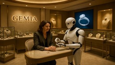 A robot assists a woman in a luxury jewelry store.