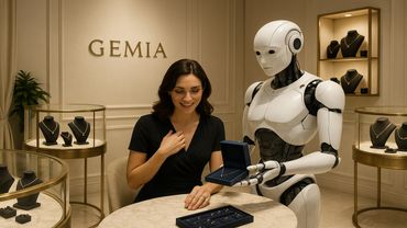 Robot presents a necklace to a woman in a jewelry store.