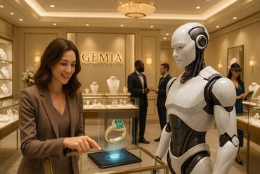 Woman shopping for jewelry with a robot assistant in a luxury store.