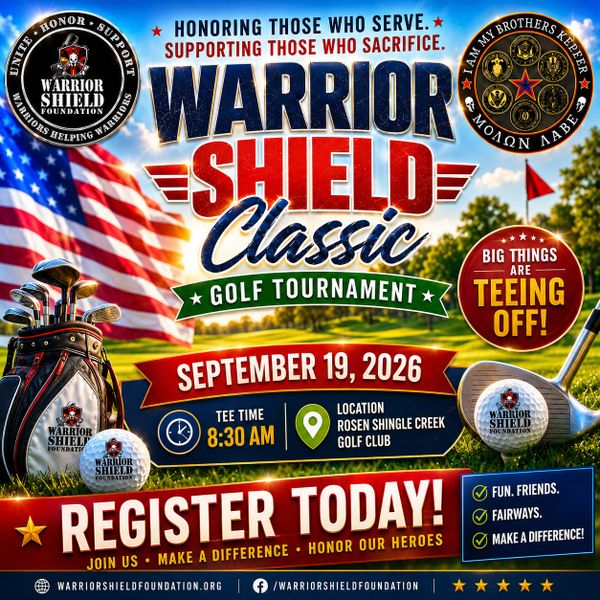 Warrior Shield Classic golf tournament poster promoting honor and support for veterans on September 19, 2026.
