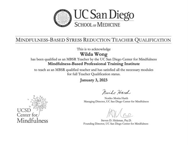 UCSD School of Medicine Mindfulness-Based Stress Reduction Teacher Qualification certificate