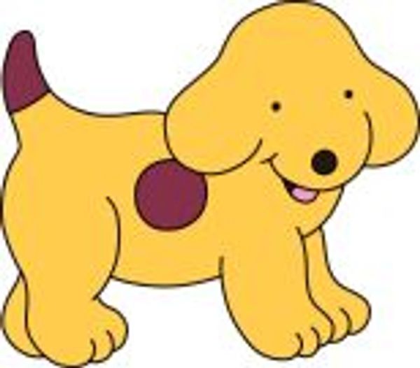 Cartoon yellow dog with brown spots.
