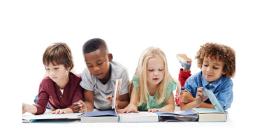 Four children lying on the floor, reading books attentively together.