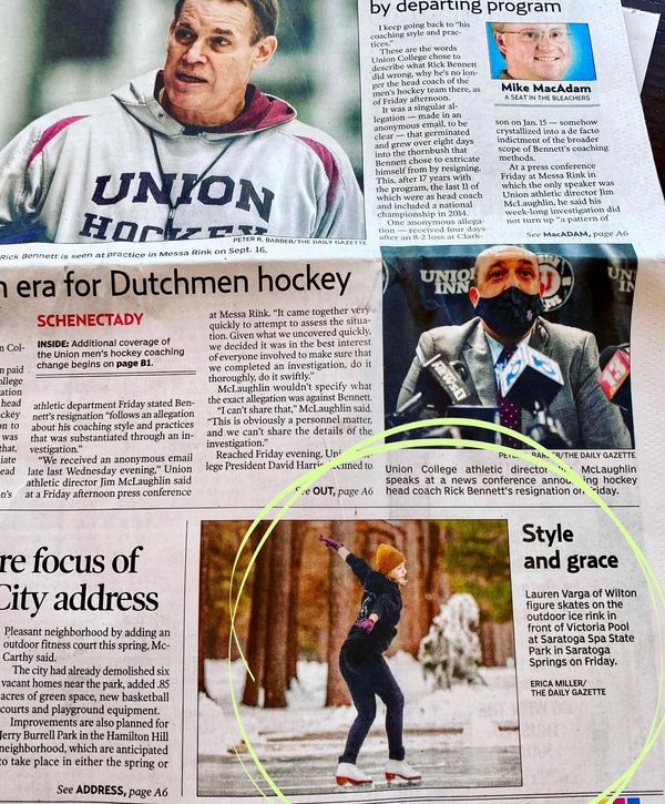 Image of Lauren Varga skating outdoors, on the front page of the Daily Gazette: “Style and grace”