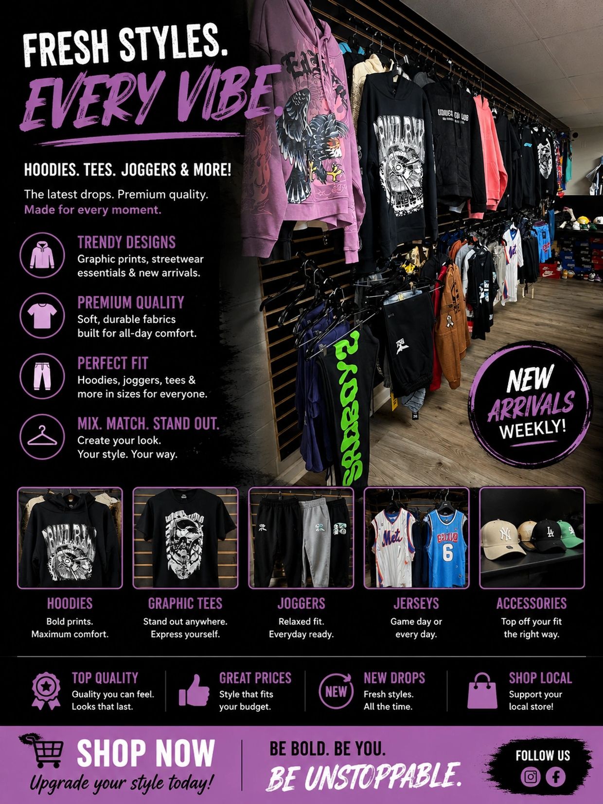Streetwear shop offering trendy hoodies, tees, joggers, jerseys, and accessories with weekly new arrivals.